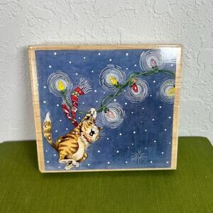 Vtg  5x4.5" Gary Patterson- Cat on Christmas Lights- Good Times 99- preowned